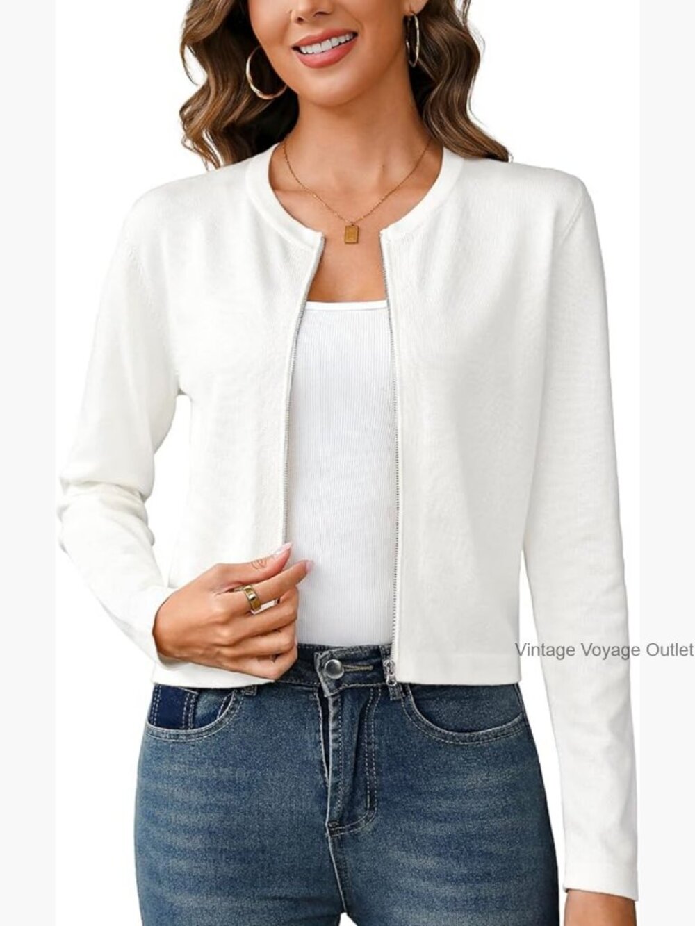 Long Sleeve Knitted Zip-Up Cardigan Sweater Cropped Shrug Lightweight